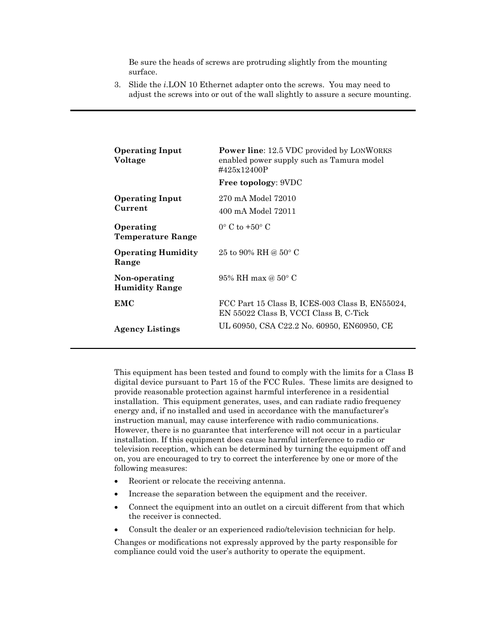 I.lon 10 hardware specifications, Fcc compliance statement – class b, I .lon 10 hardware specifications | Echelon i.LON 10 Ethernet Adapter User Manual | Page 17 / 82