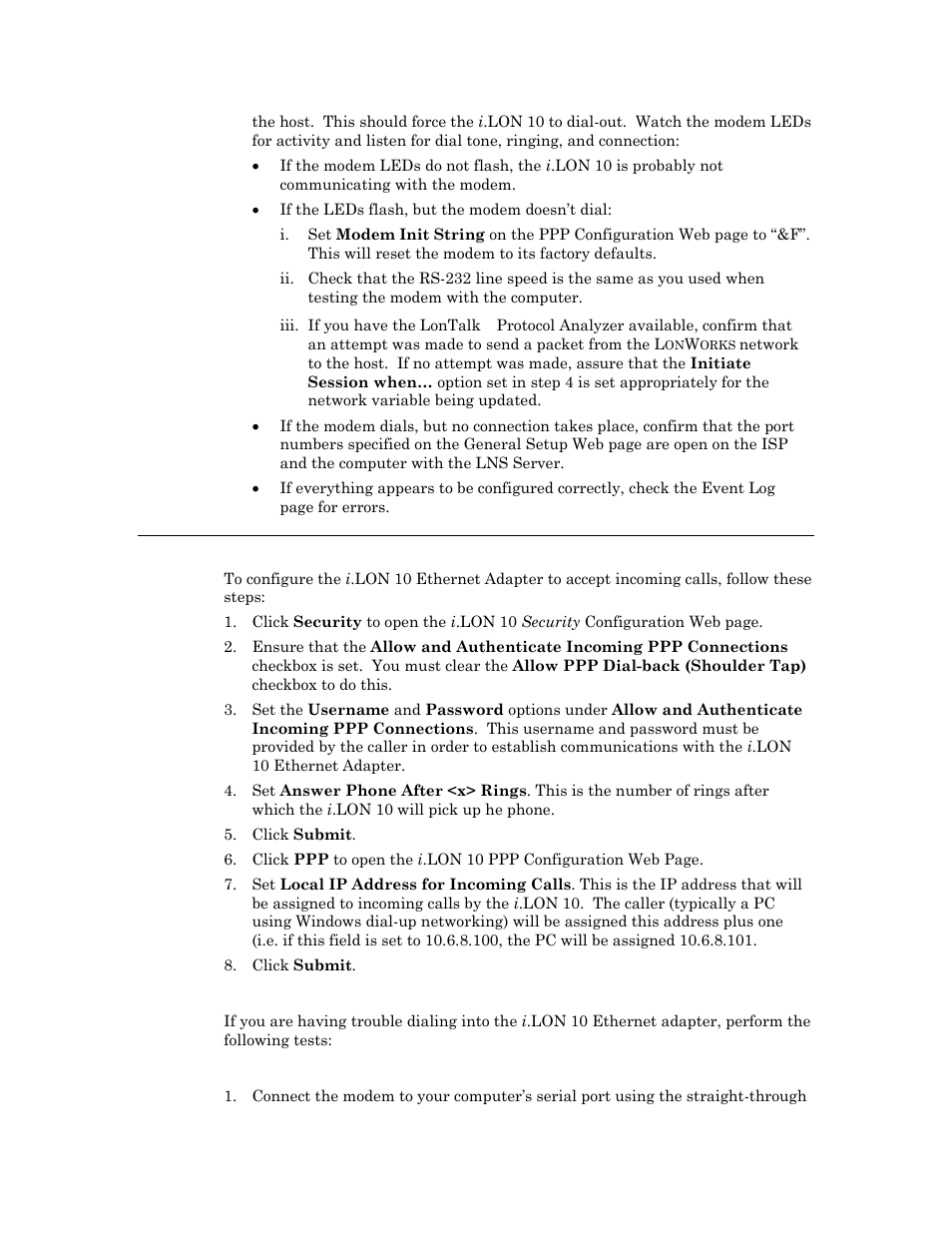 Troubleshooting dial-in problems | Echelon i.LON 10 Ethernet Adapter User Manual | Page 34 / 82