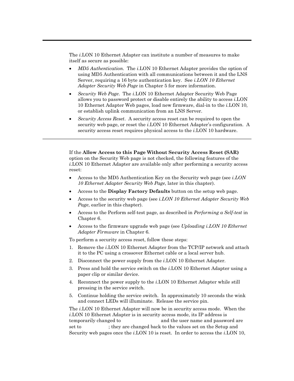 I.lon 10 ethernet adapter security, I .lon 10 ethernet adapter security -2, Performing a security access reset -2 | Performing a security access reset, Performing a security access reset in chap, I .lon 10 ethernet adapter security | Echelon i.LON 10 Ethernet Adapter User Manual | Page 42 / 82