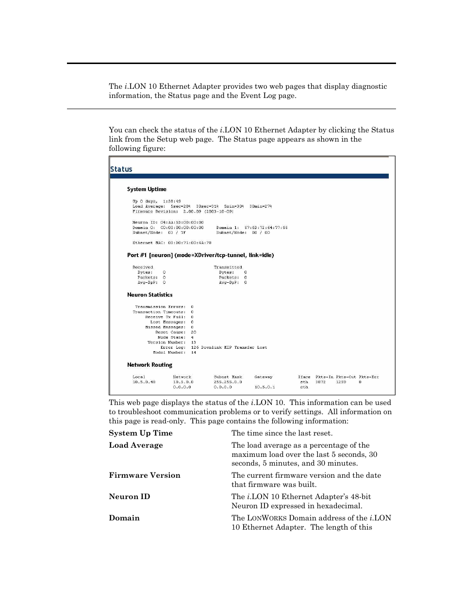 I.lon 10 diagnostics, I .lon 10 diagnostics -2, Viewing i.lon 10 ethernet adapter status -2 | I .lon 10 diagnostics, Viewing i .lon 10 ethernet adapter status | Echelon i.LON 10 Ethernet Adapter User Manual | Page 54 / 82