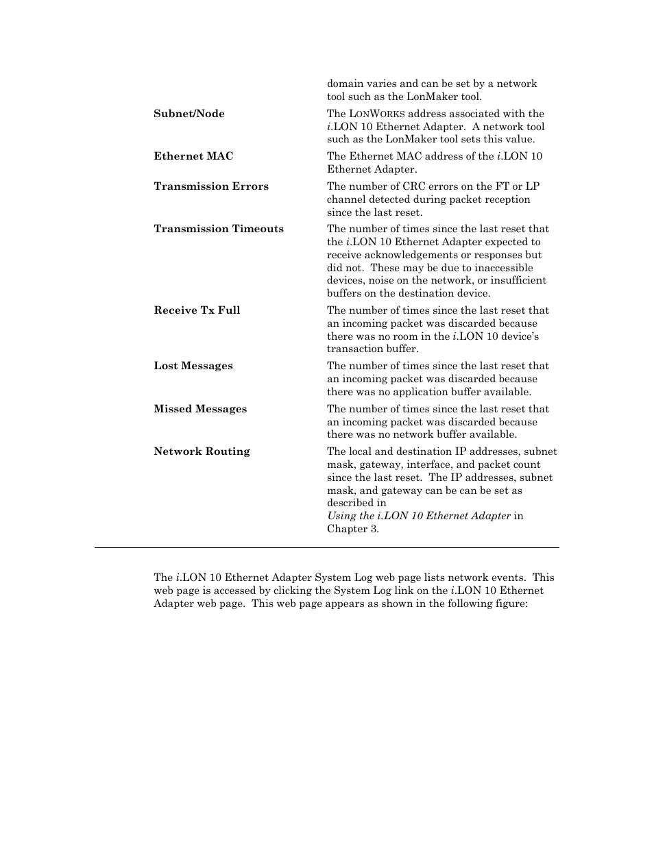 Viewing the i.lon 10 system log web page | Echelon i.LON 10 Ethernet Adapter User Manual | Page 55 / 82