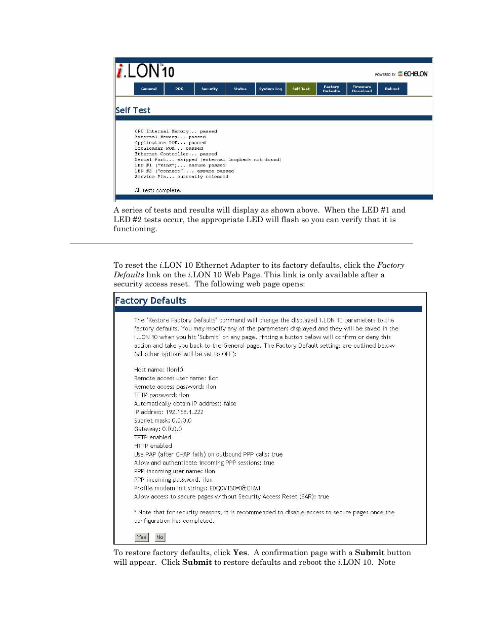 Restoring factory defaults -14, Restoring factory defaults | Echelon i.LON 10 Ethernet Adapter User Manual | Page 66 / 82