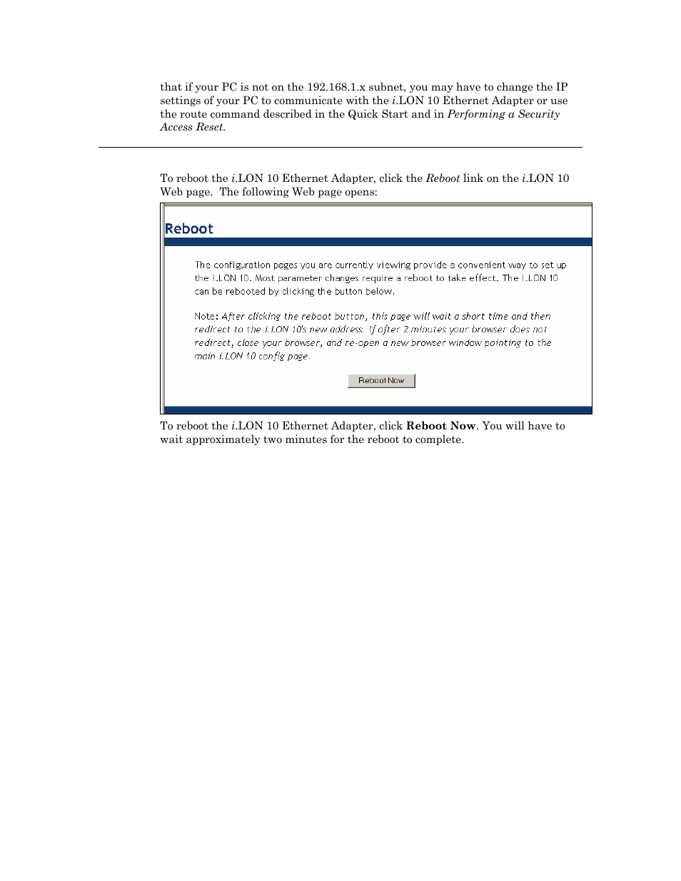 Rebooting the i.lon 10 ethernet adapter -15, Rebooting the i.lon 10 ethernet adapter | Echelon i.LON 10 Ethernet Adapter User Manual | Page 67 / 82