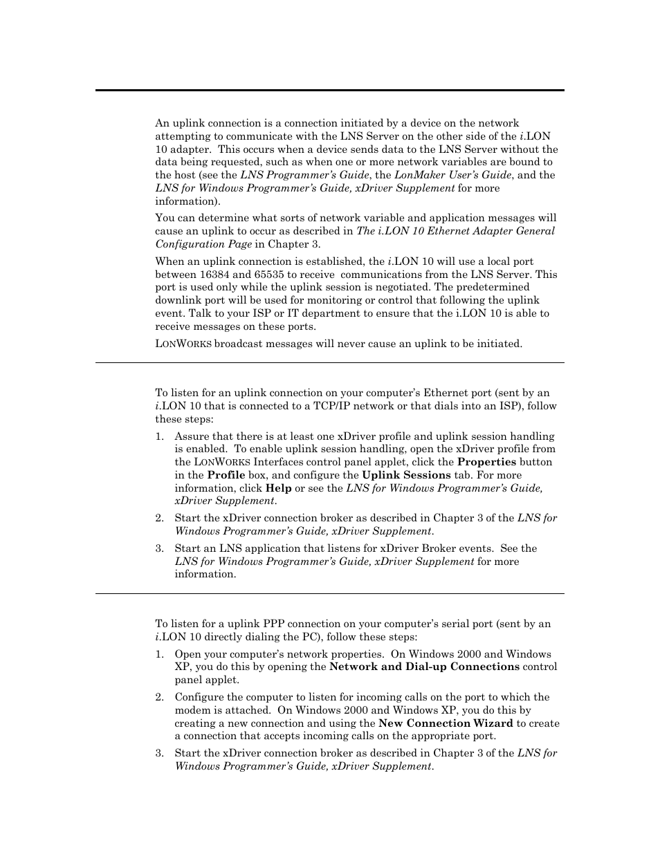 Uplink connections, Uplink connections -2, Listening for an ethernet uplink connection | Listening for a ppp uplink connection | Echelon i.LON 10 Ethernet Adapter User Manual | Page 70 / 82