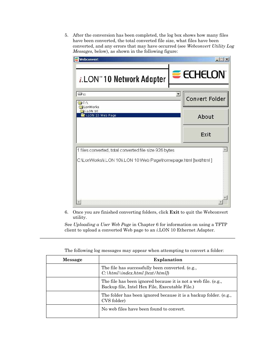 Webconvert utility log messages | Echelon i.LON 10 Ethernet Adapter User Manual | Page 75 / 82