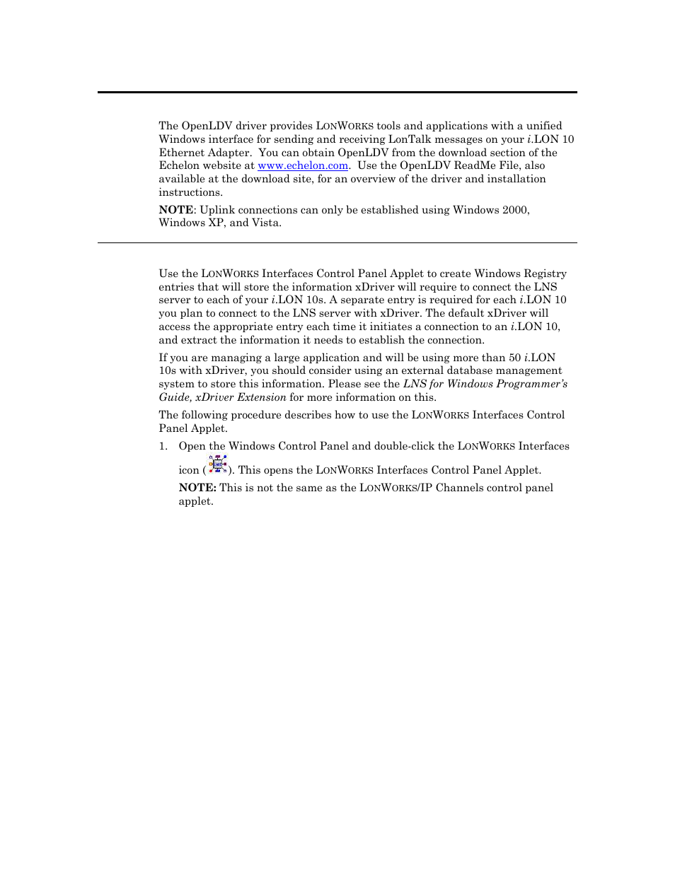 Download and install the openldv driver, Using the l, Orks | Interfaces control panel applet | Echelon i.LON 10 Ethernet Adapter User Manual | Page 78 / 82