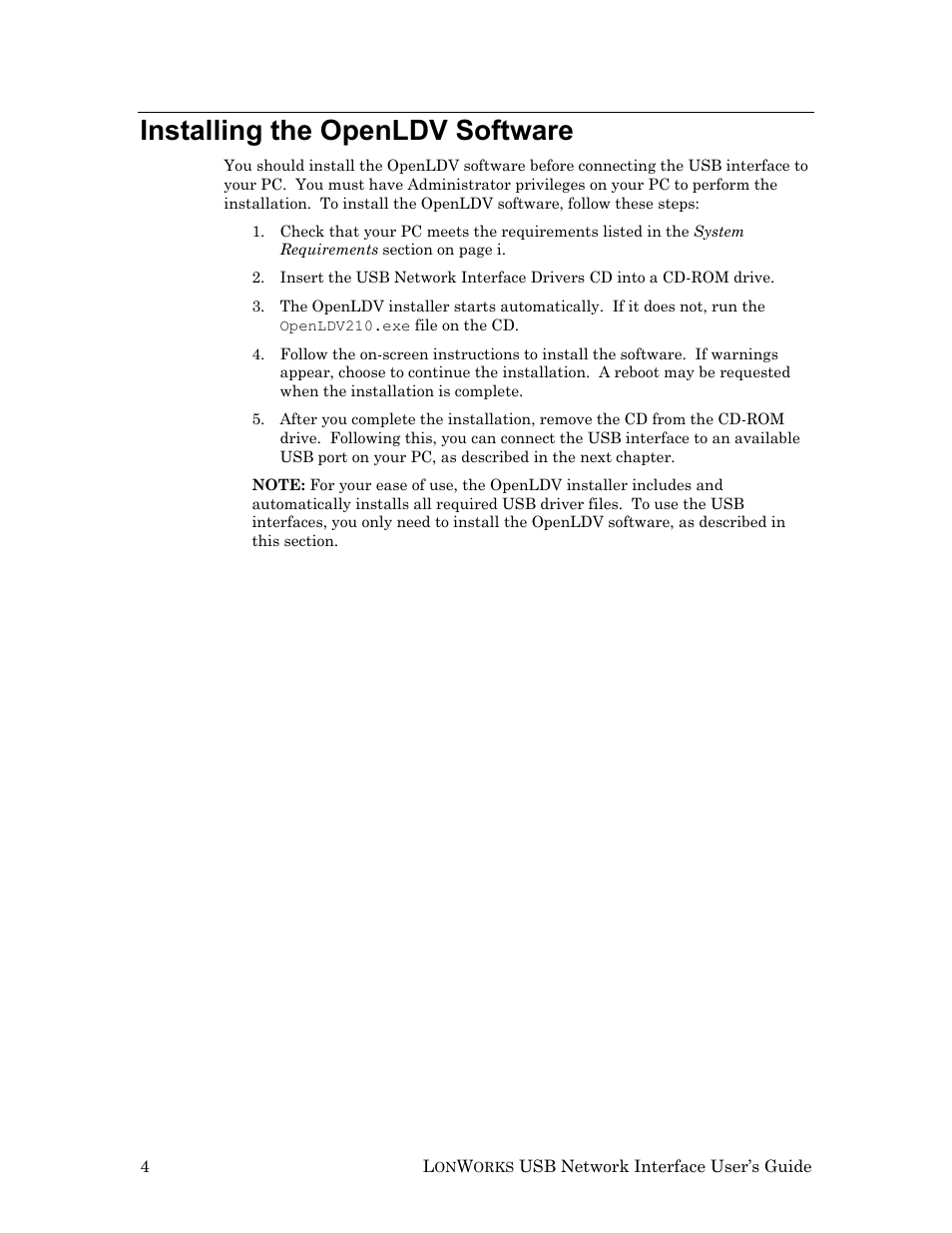 Installing the openldv software | Echelon LonWorks USB Network Interface User Manual | Page 10 / 27