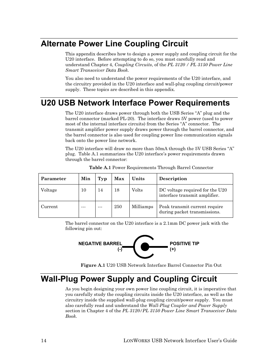 Alternate power line coupling circuit, U20 usb network interface power requirements, Wall-plug power supply and coupling circuit | Echelon LonWorks USB Network Interface User Manual | Page 20 / 27