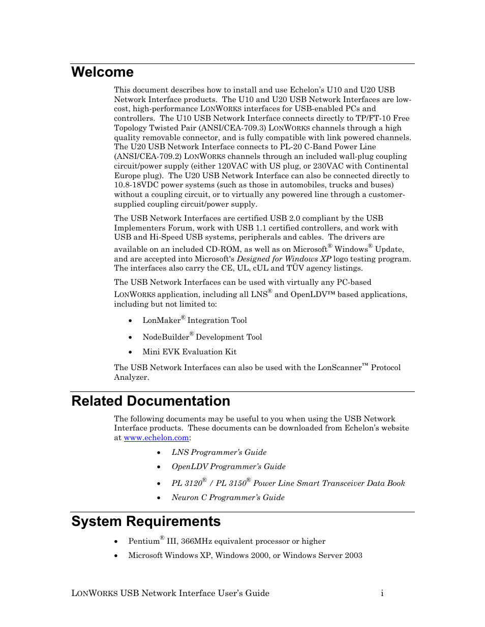 Welcome, Related documentation, System requirements | Echelon LonWorks USB Network Interface User Manual | Page 5 / 27