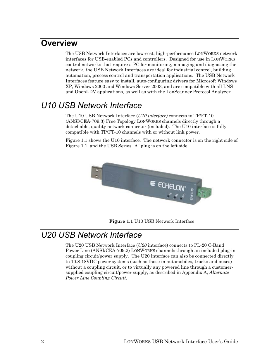 Overview, U10 usb network interface, U20 usb network interface | Echelon LonWorks USB Network Interface User Manual | Page 8 / 27