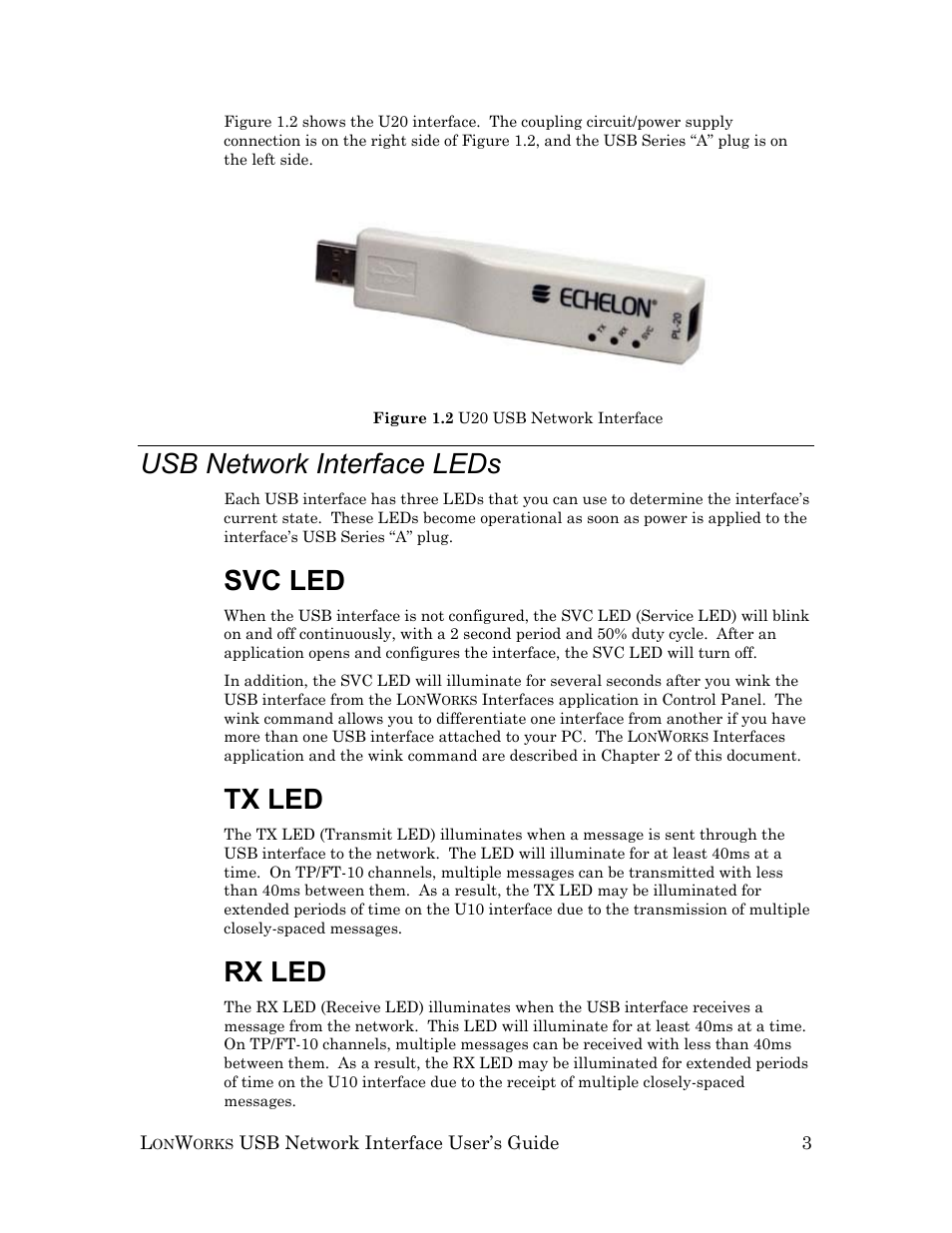 Usb network interface leds, Svc led, Tx led | Rx led | Echelon LonWorks USB Network Interface User Manual | Page 9 / 27