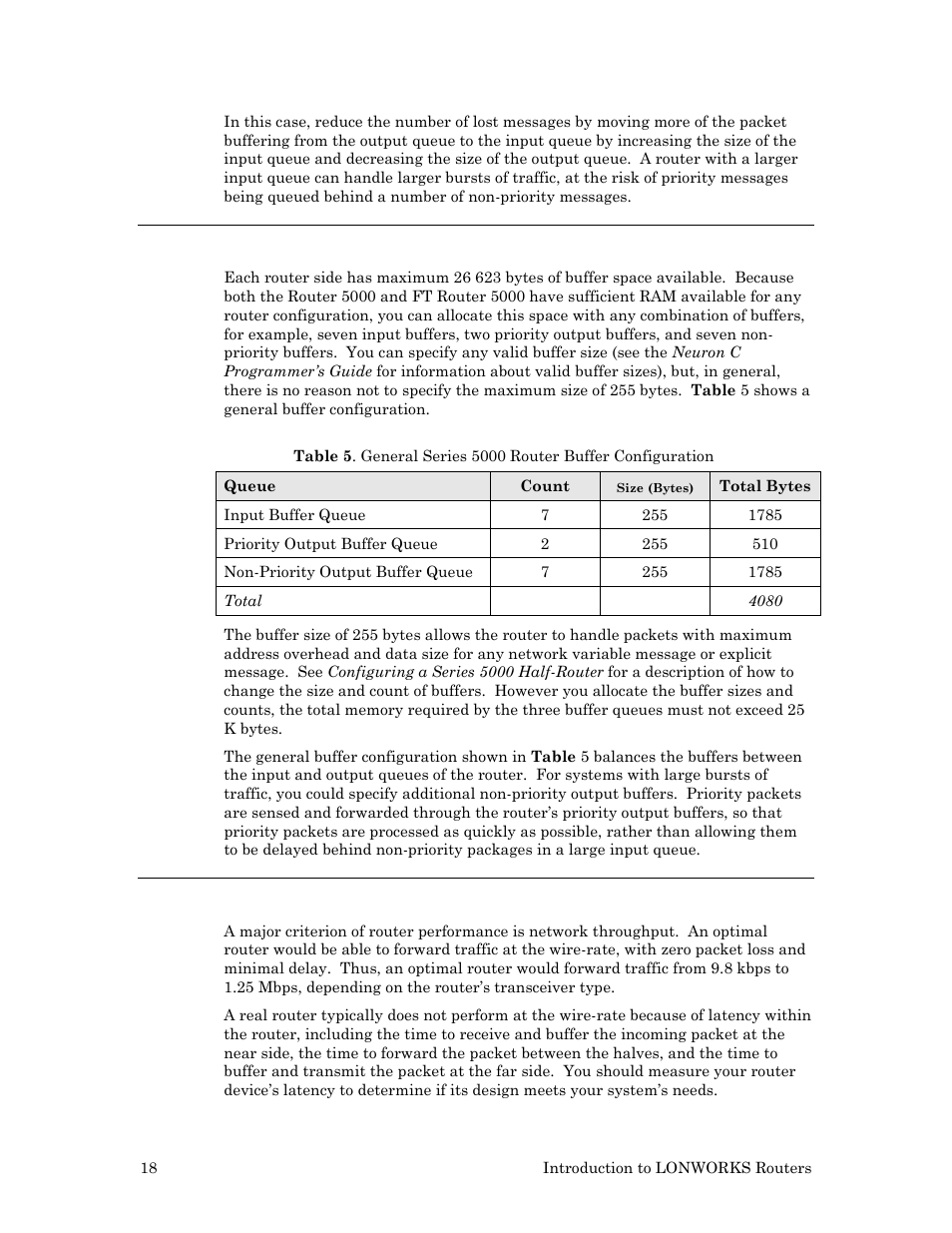 Router 5000 and ft router 5000 message buffers, Router performance | Echelon LonWorks Router User Manual | Page 28 / 129