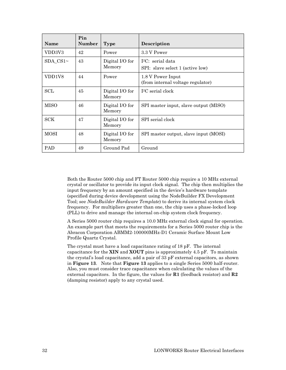 Clock pins (xin and xout) | Echelon LonWorks Router User Manual | Page 42 / 129