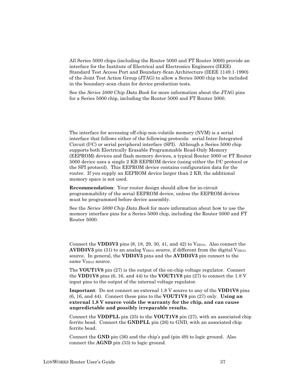 Jtag interface (tck, tdi, tdo, tms, and trst~), Power and ground | Echelon LonWorks Router User Manual | Page 47 / 129