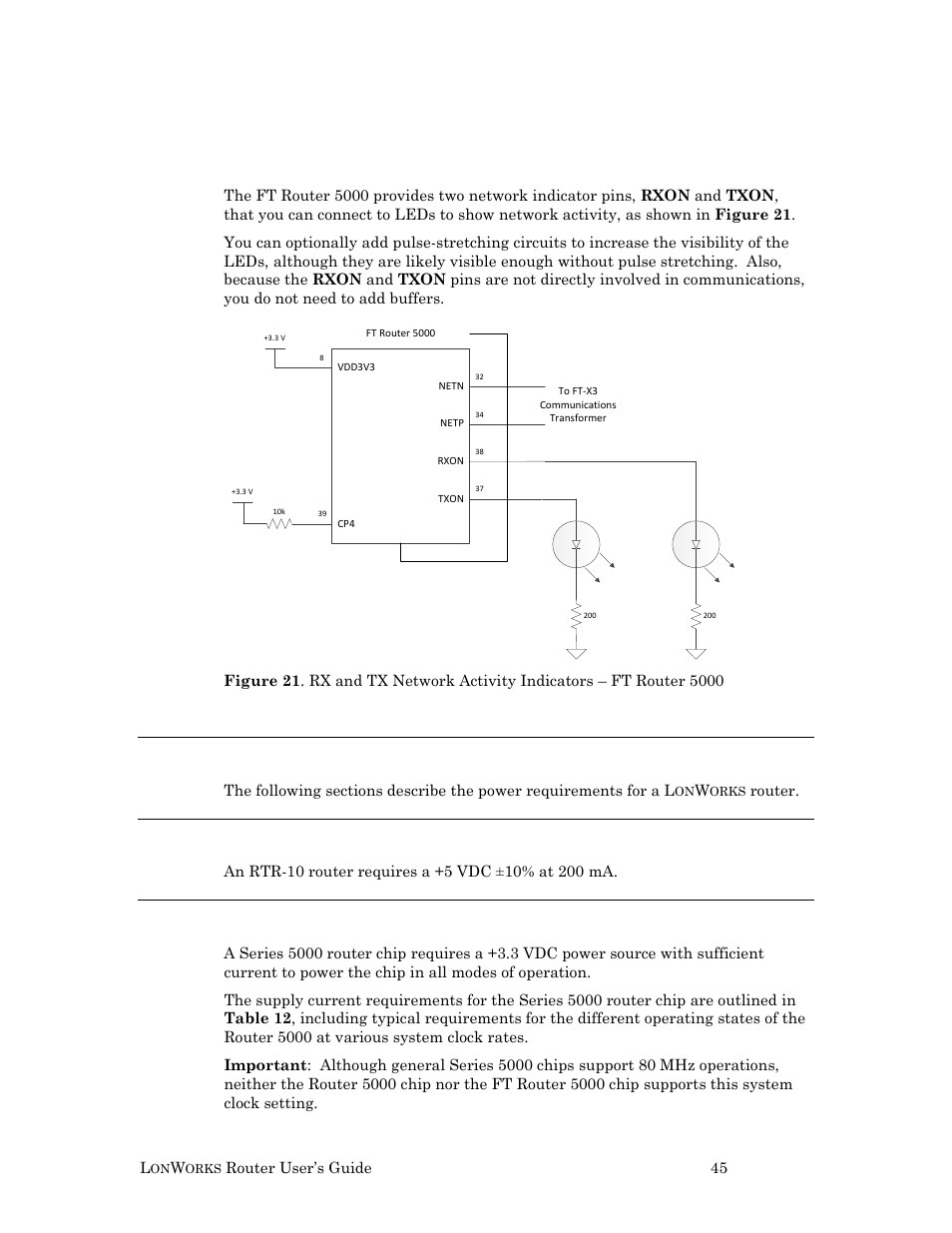 Network activity indicator – ft router 5000, Power requirements, Rtr-10 power requirements | Series 5000 router power requirements | Echelon LonWorks Router User Manual | Page 55 / 129