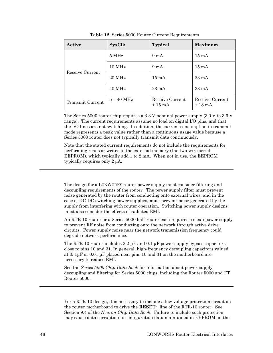 Power supply decoupling and filtering, Low voltage protection | Echelon LonWorks Router User Manual | Page 56 / 129