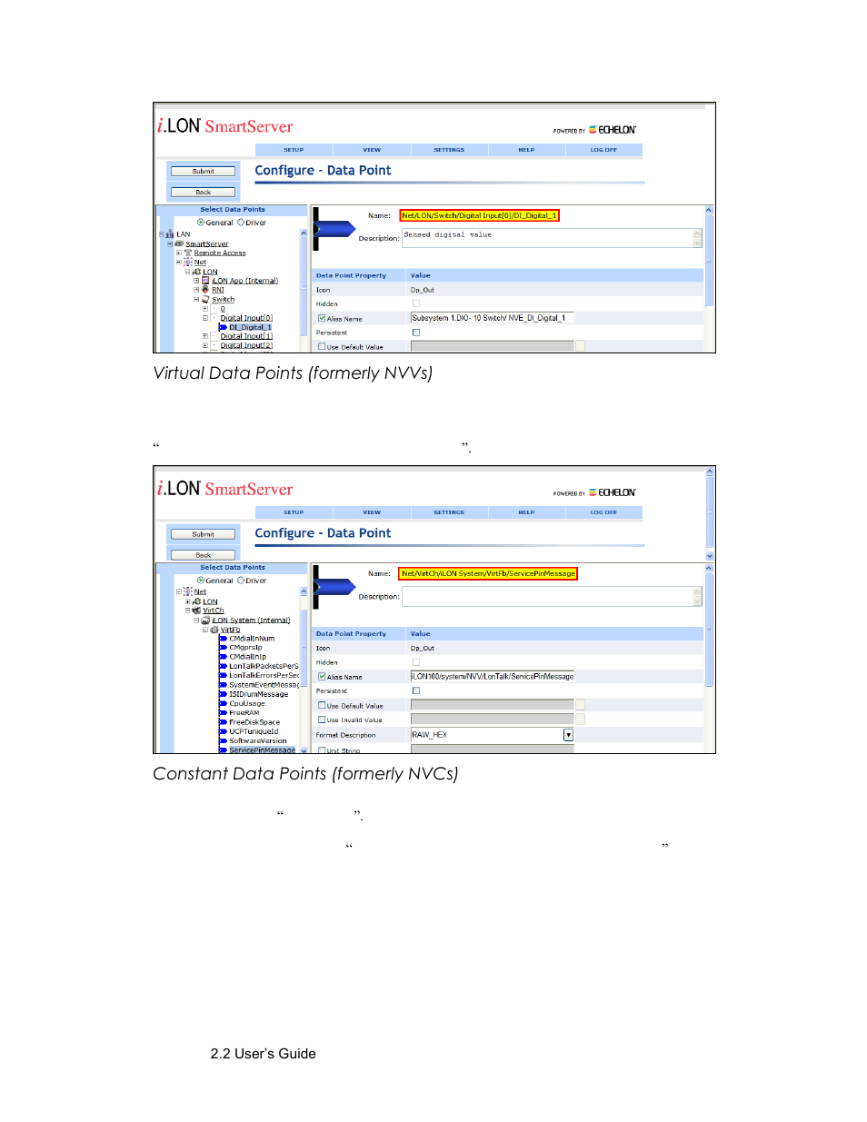 Virtual data points (formerly nvvs), Constant data points (formerly nvcs) | Echelon SmartServer 2.2 User Manual | Page 142 / 560