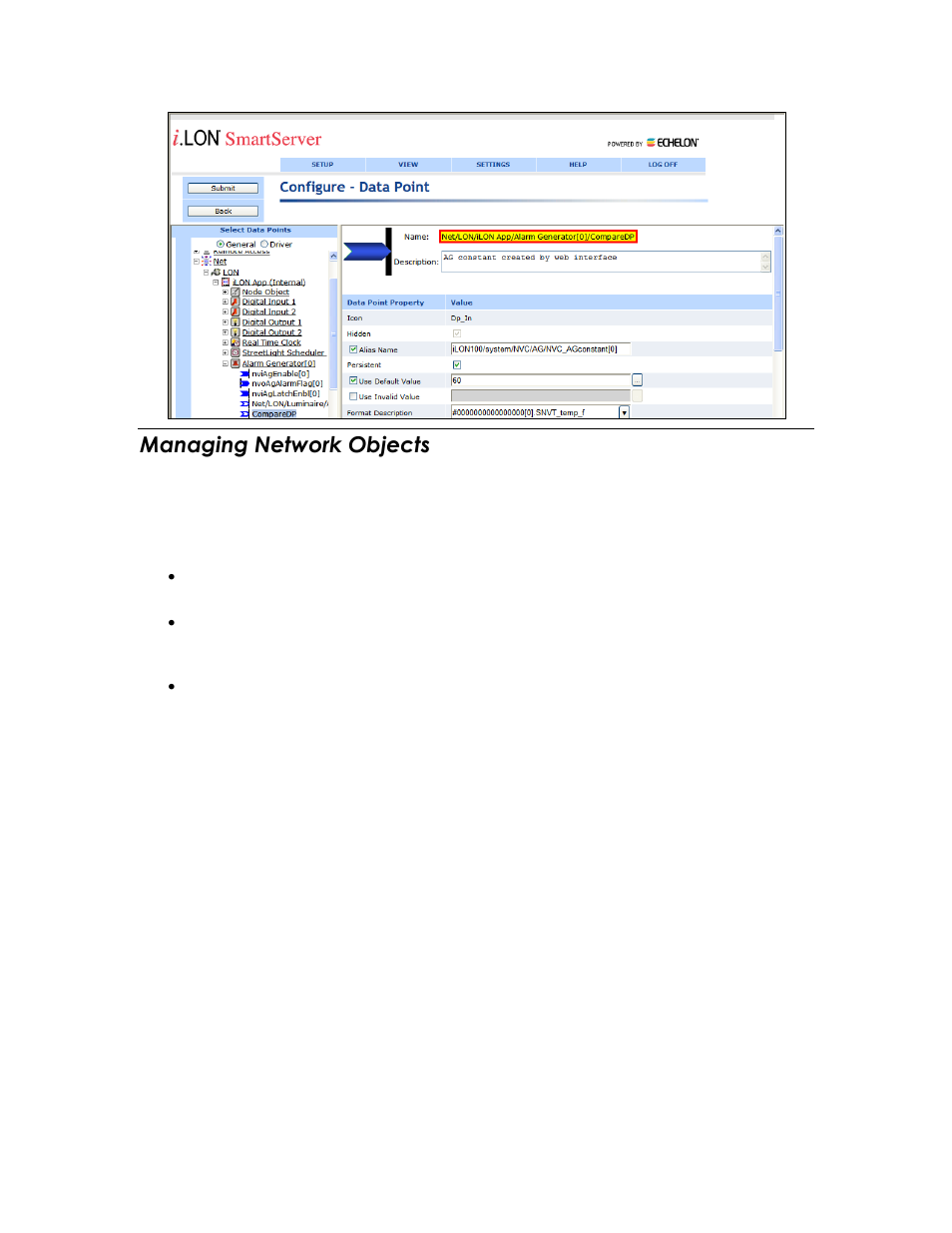 Managing network objects, Manage network objects | Echelon SmartServer 2.2 User Manual | Page 143 / 560