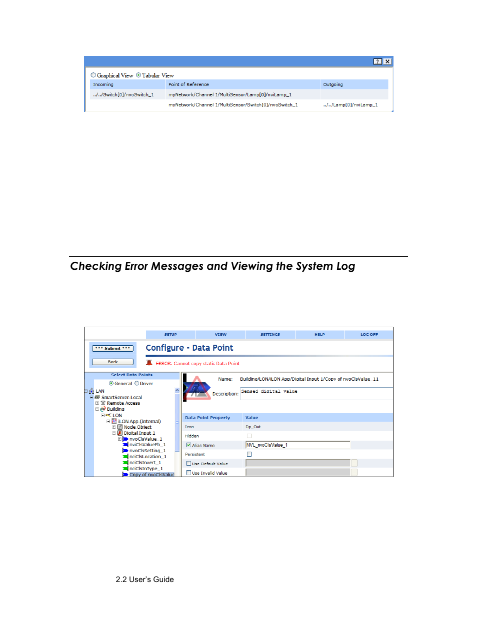 Checking error messages and viewing the system log, Create l, Orks | Connections, Check error messages and view the system log | Echelon SmartServer 2.2 User Manual | Page 188 / 560