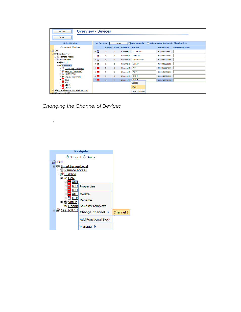 Changing the channel of devices | Echelon SmartServer 2.2 User Manual | Page 245 / 560