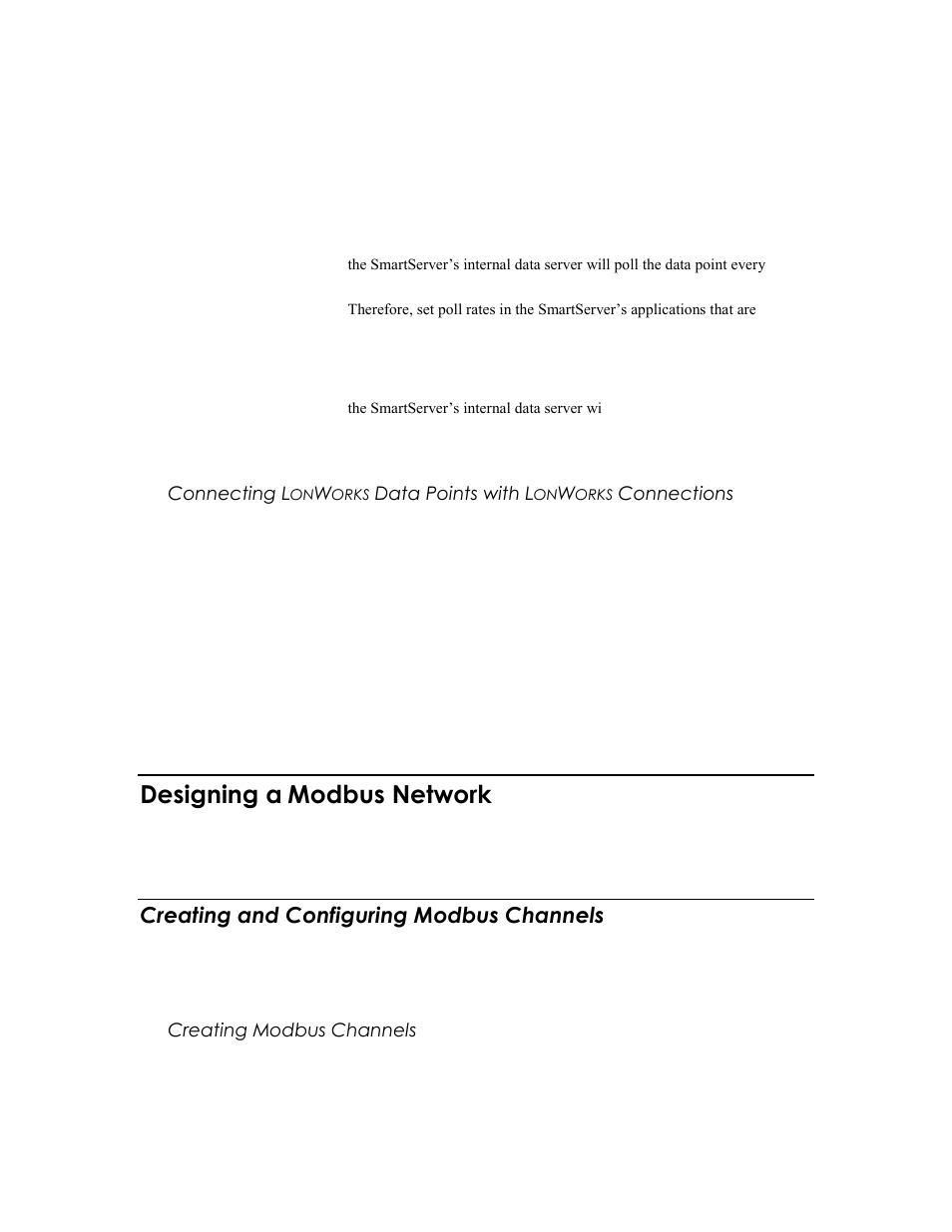 Designing a modbus network, Creating and configuring modbus channels, Creating modbus channels | Connecting l, Orks, Data points with l, Connections, Designing a, Modbus network, See designing a modbus | Echelon SmartServer 2.2 User Manual | Page 269 / 560