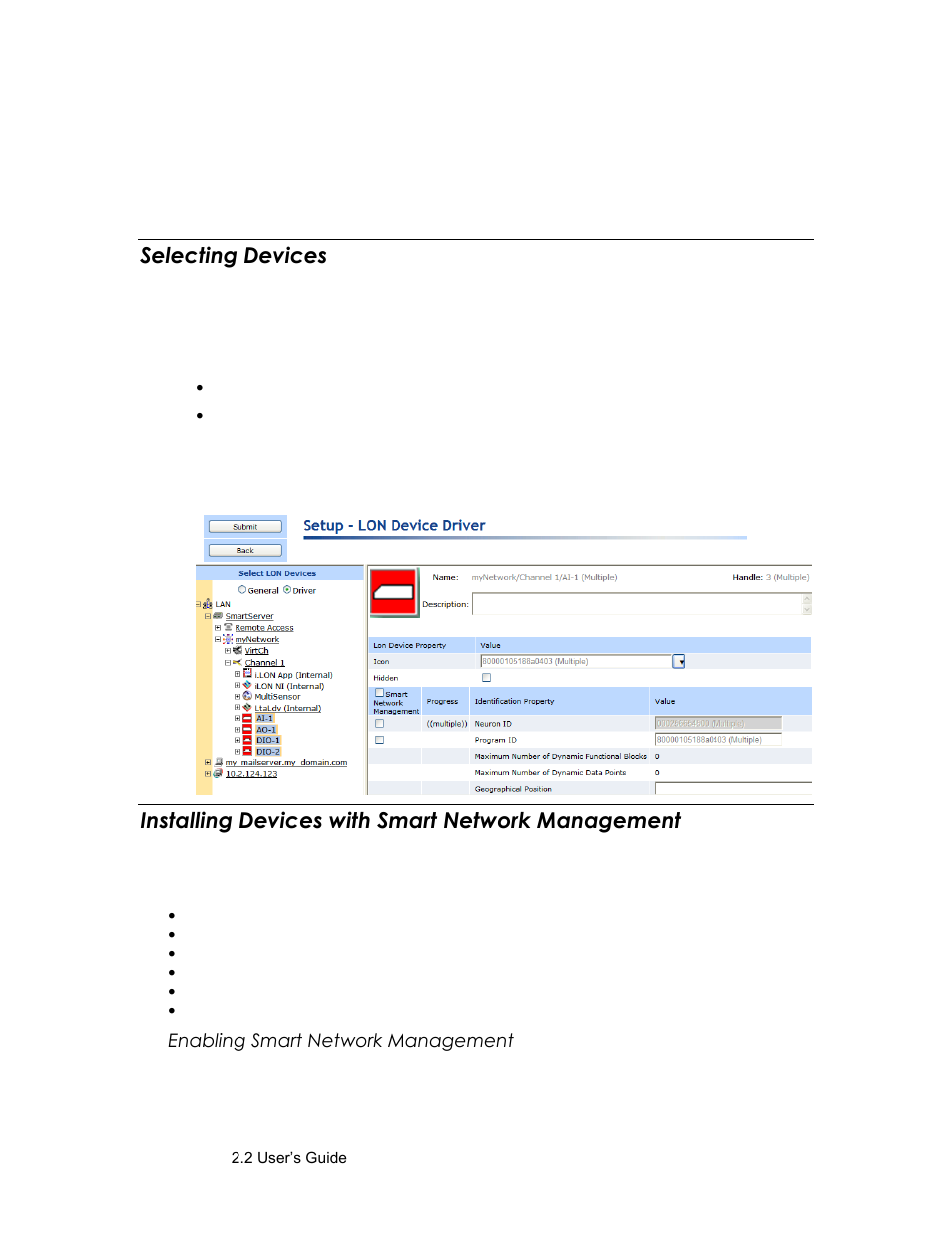 Selecting devices, Installing devices with smart network management, Enabling smart network management | Echelon SmartServer 2.2 User Manual | Page 306 / 560