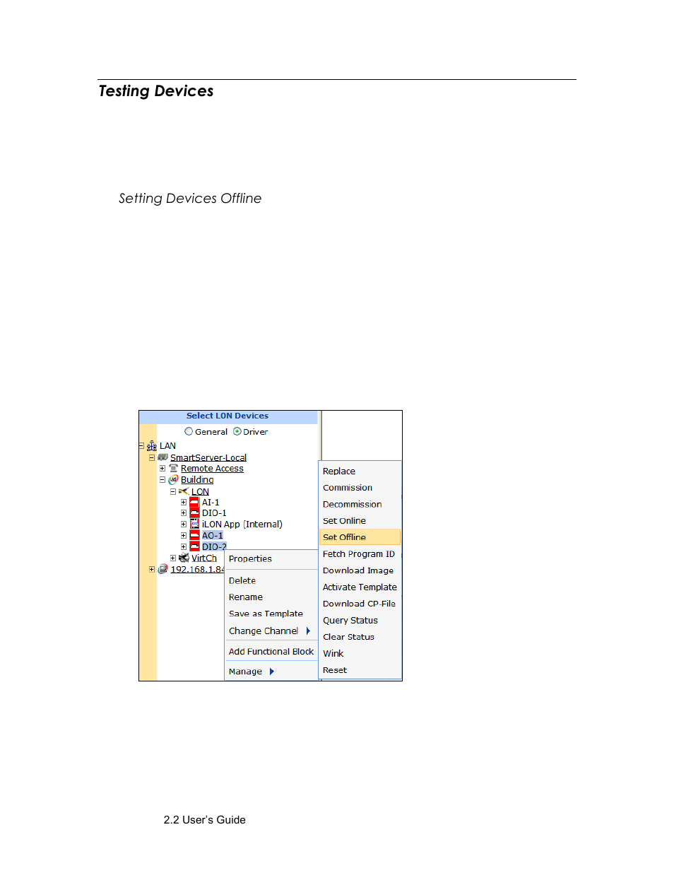 Testing devices, Setting devices offline | Echelon SmartServer 2.2 User Manual | Page 322 / 560