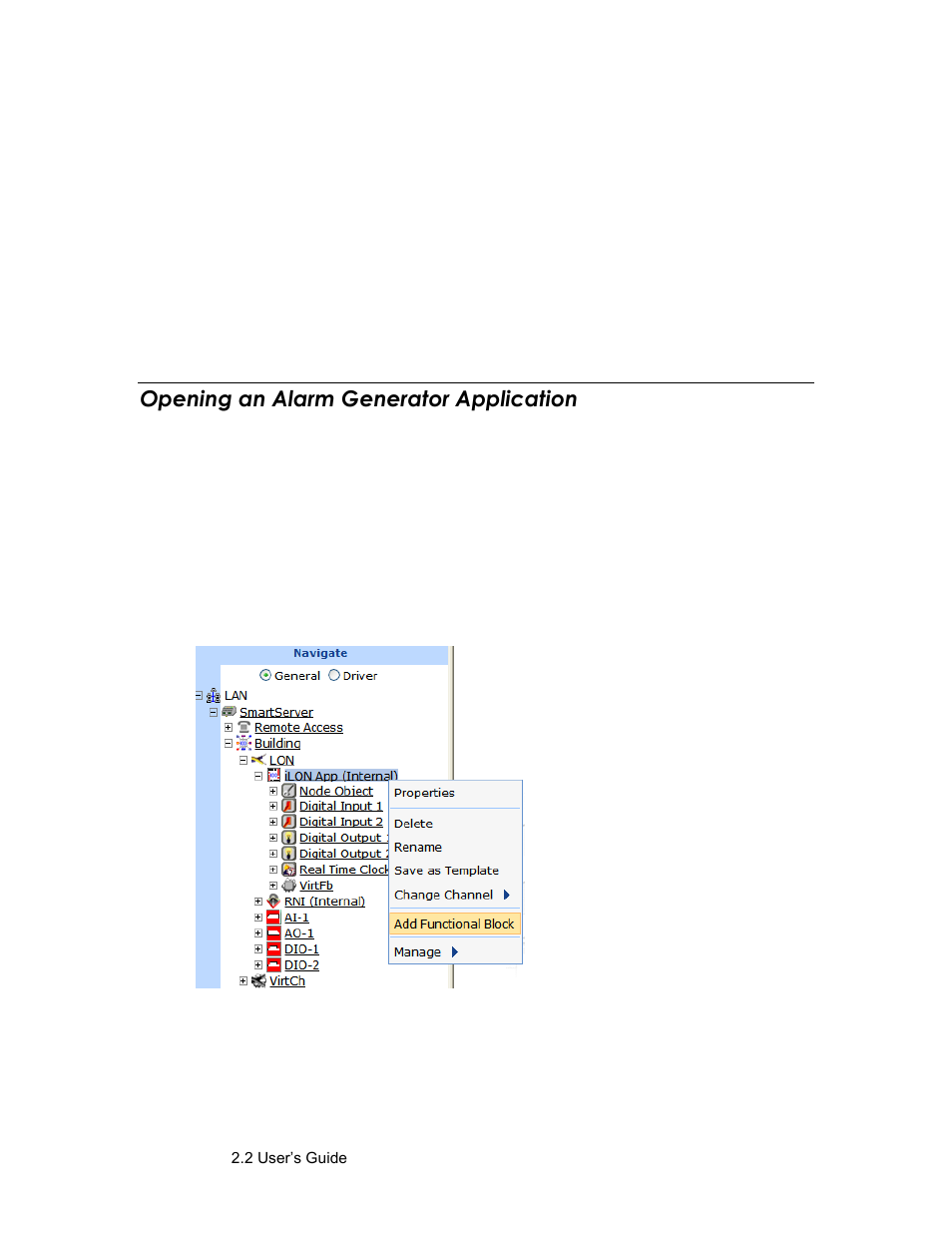 Opening an alarm generator application | Echelon SmartServer 2.2 User Manual | Page 330 / 560