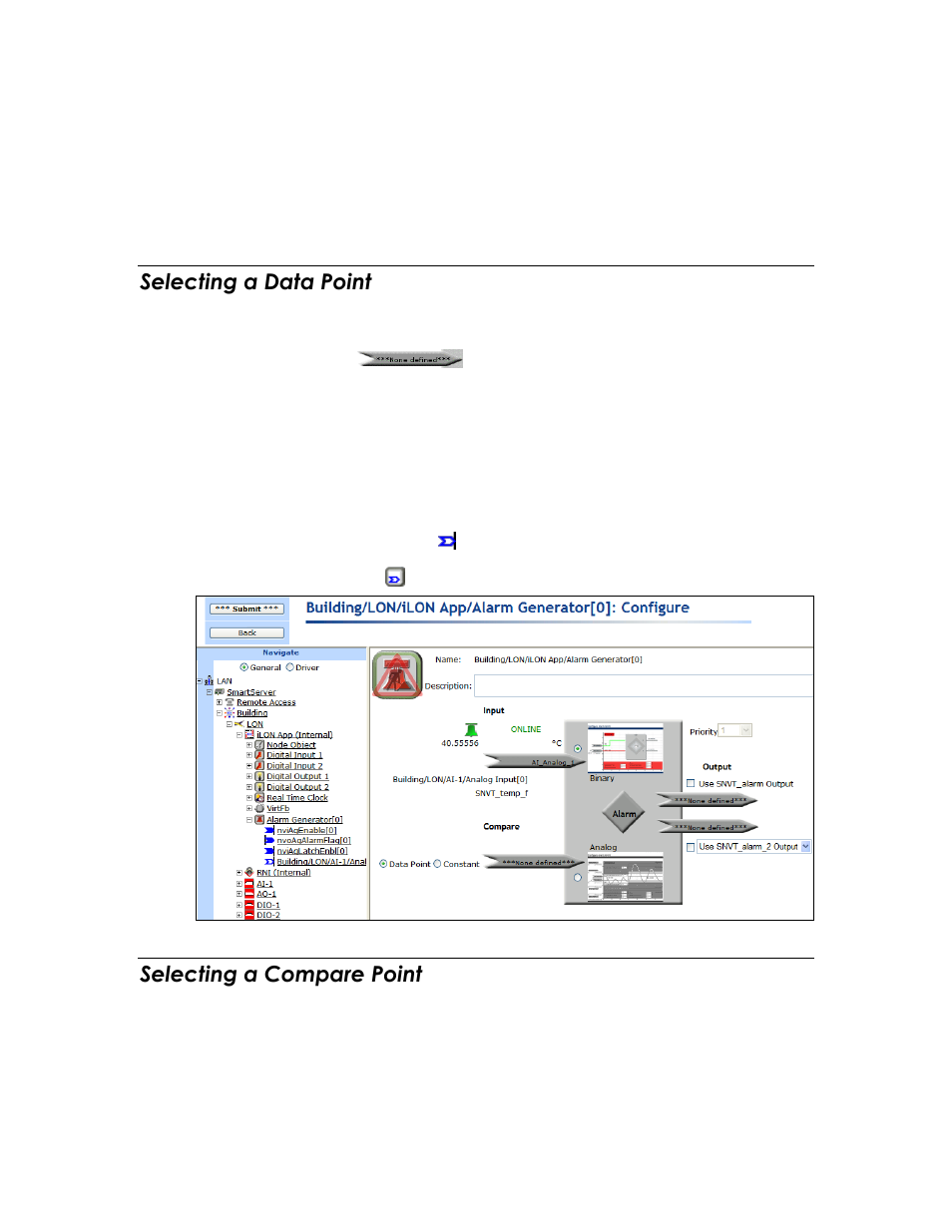 Selecting a data point, Selecting a compare point, Select an input data point | Select or set a compare data point | Echelon SmartServer 2.2 User Manual | Page 333 / 560