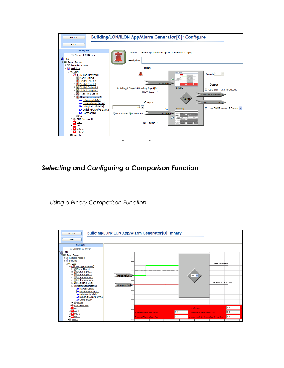 Selecting and configuring a comparison function, Using a binary comparison function | Echelon SmartServer 2.2 User Manual | Page 335 / 560