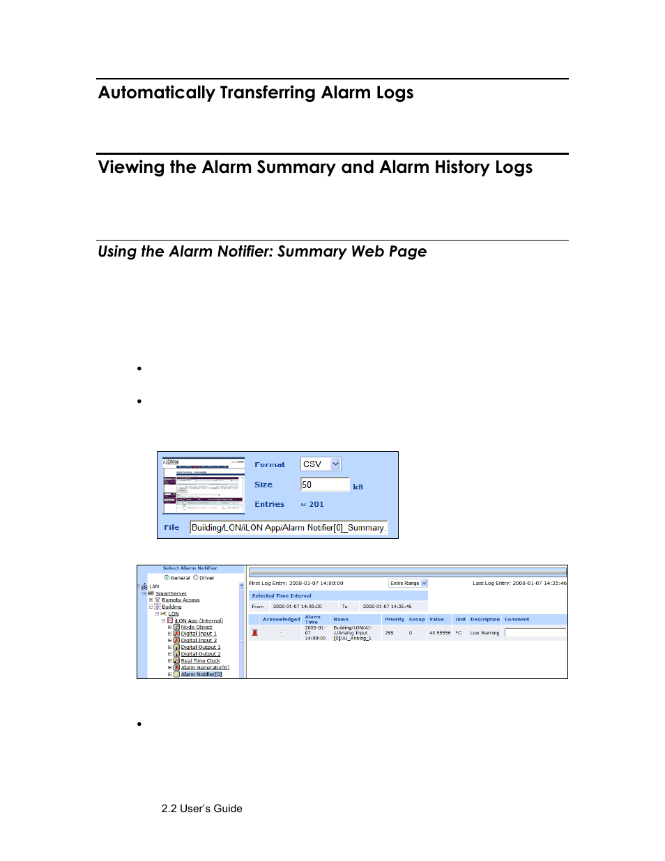 Automatically transferring alarm logs, Viewing the alarm summary and alarm history logs, Using the alarm notifier: summary web page | Echelon SmartServer 2.2 User Manual | Page 352 / 560