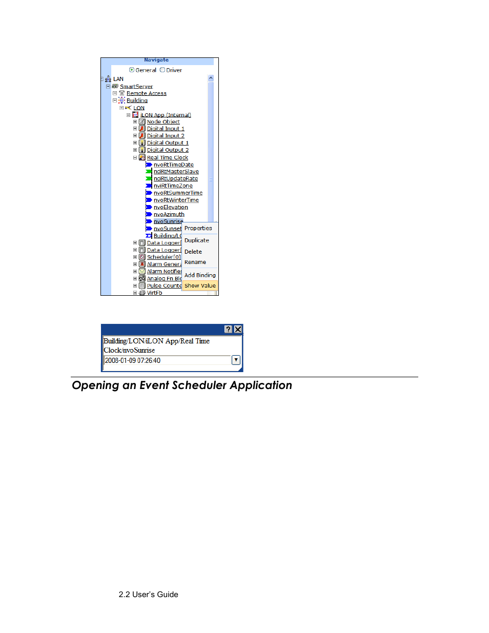 Opening an event scheduler application, Open an event scheduler application | Echelon SmartServer 2.2 User Manual | Page 362 / 560