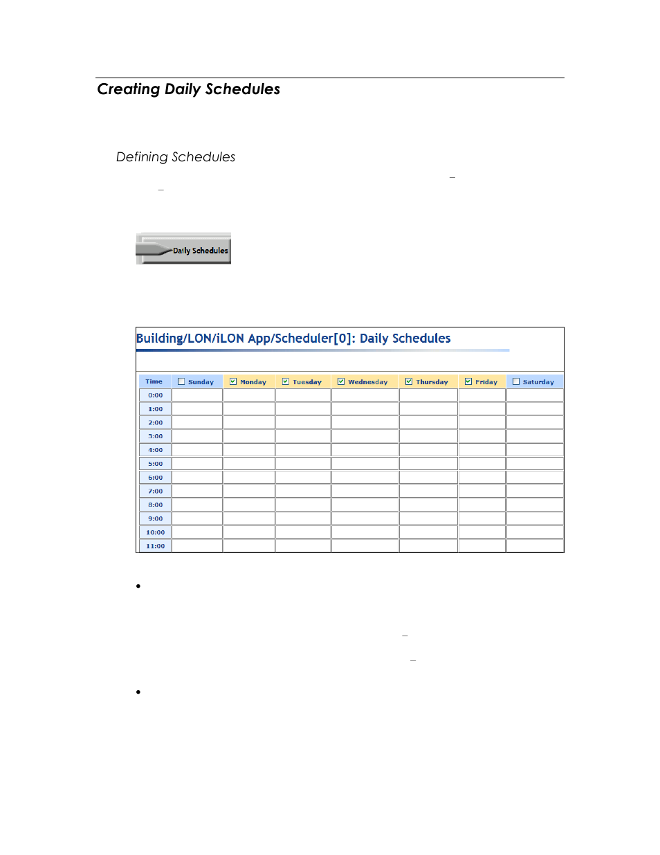 Creating daily schedules, Defining schedules, Create the daily schedules | Echelon SmartServer 2.2 User Manual | Page 369 / 560