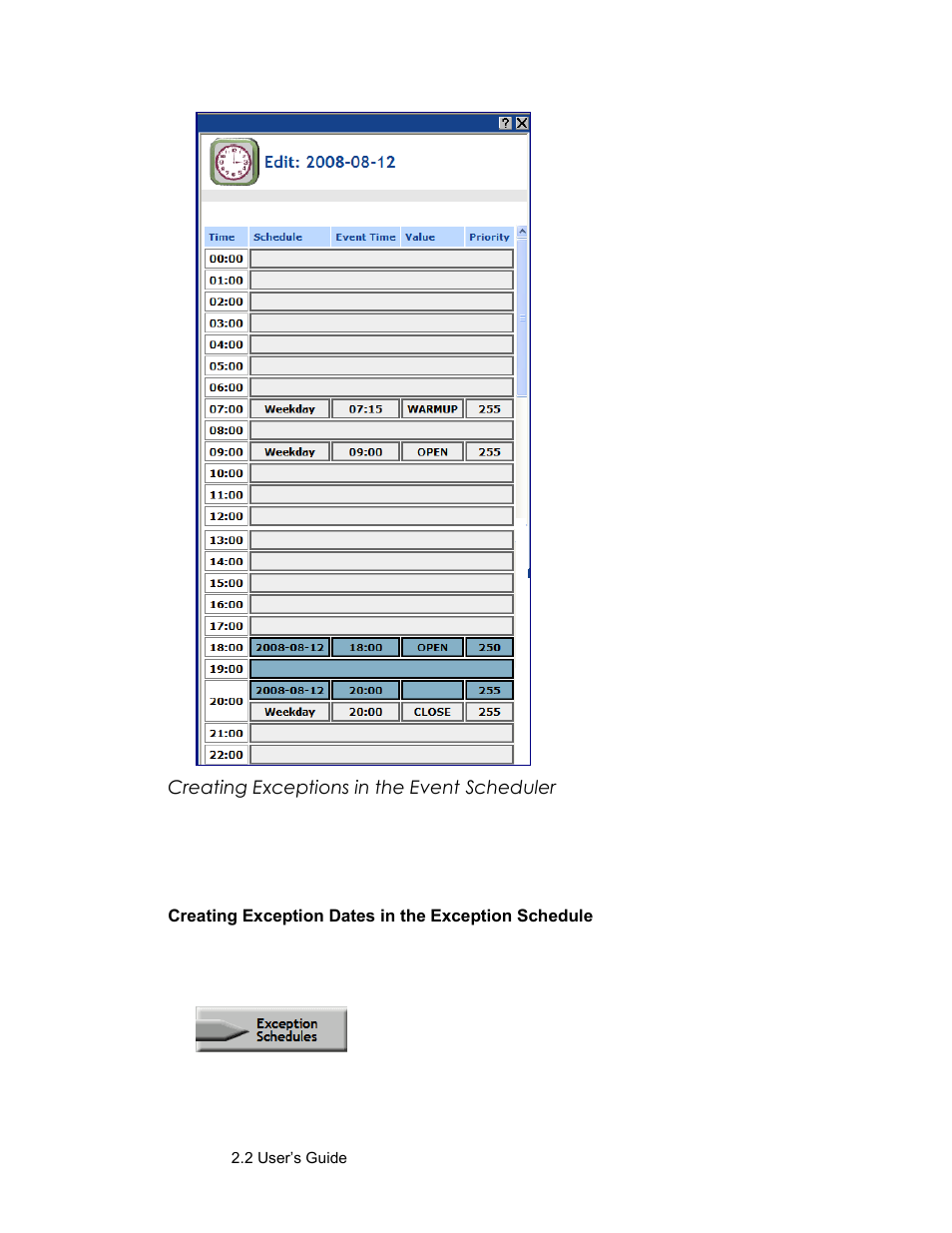 Creating exceptions in the event scheduler, Creating exception dates in the exception schedule | Echelon SmartServer 2.2 User Manual | Page 378 / 560