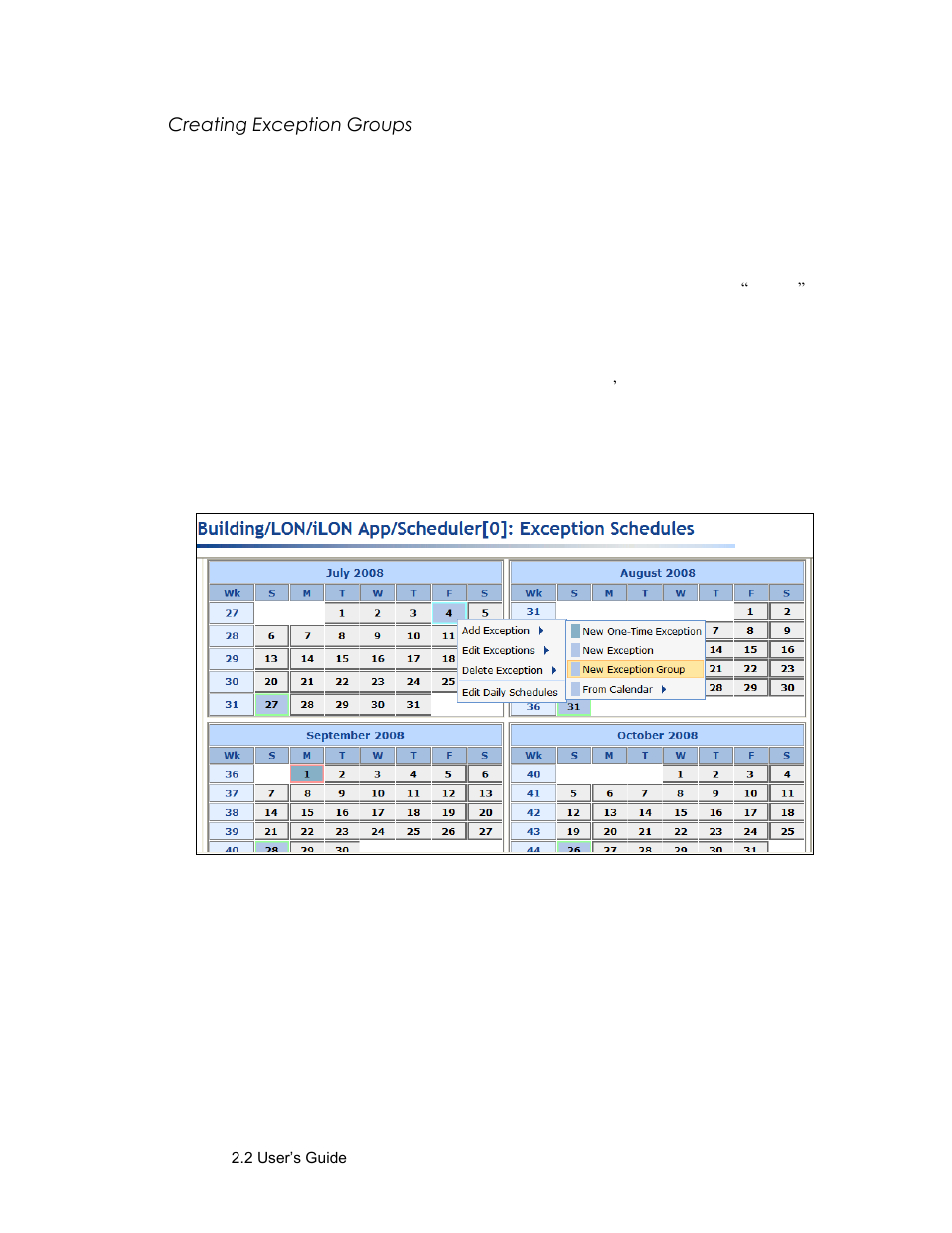 Creating exception groups | Echelon SmartServer 2.2 User Manual | Page 386 / 560