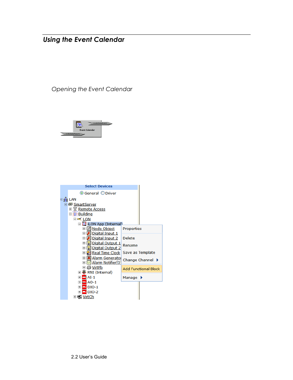 Using the event calendar, Opening the event calendar | Echelon SmartServer 2.2 User Manual | Page 402 / 560