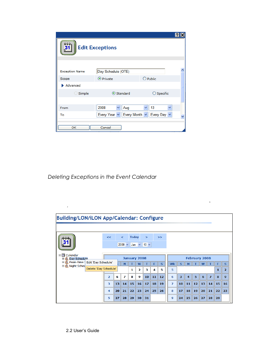 Deleting exceptions in the event calendar | Echelon SmartServer 2.2 User Manual | Page 408 / 560