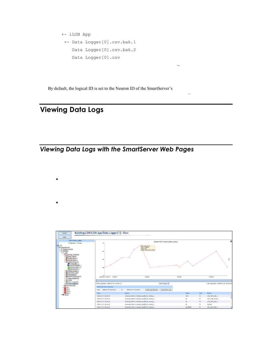 Viewing data logs, Viewing data logs with the smartserver web pages | Echelon SmartServer 2.2 User Manual | Page 429 / 560