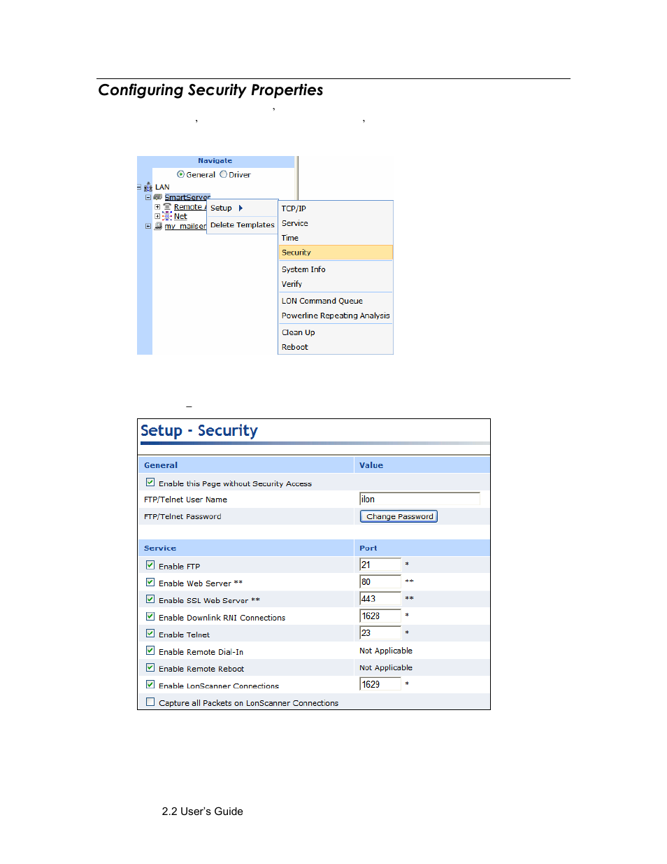 Configuring security properties, Configure security properties | Echelon SmartServer 2.2 User Manual | Page 50 / 560