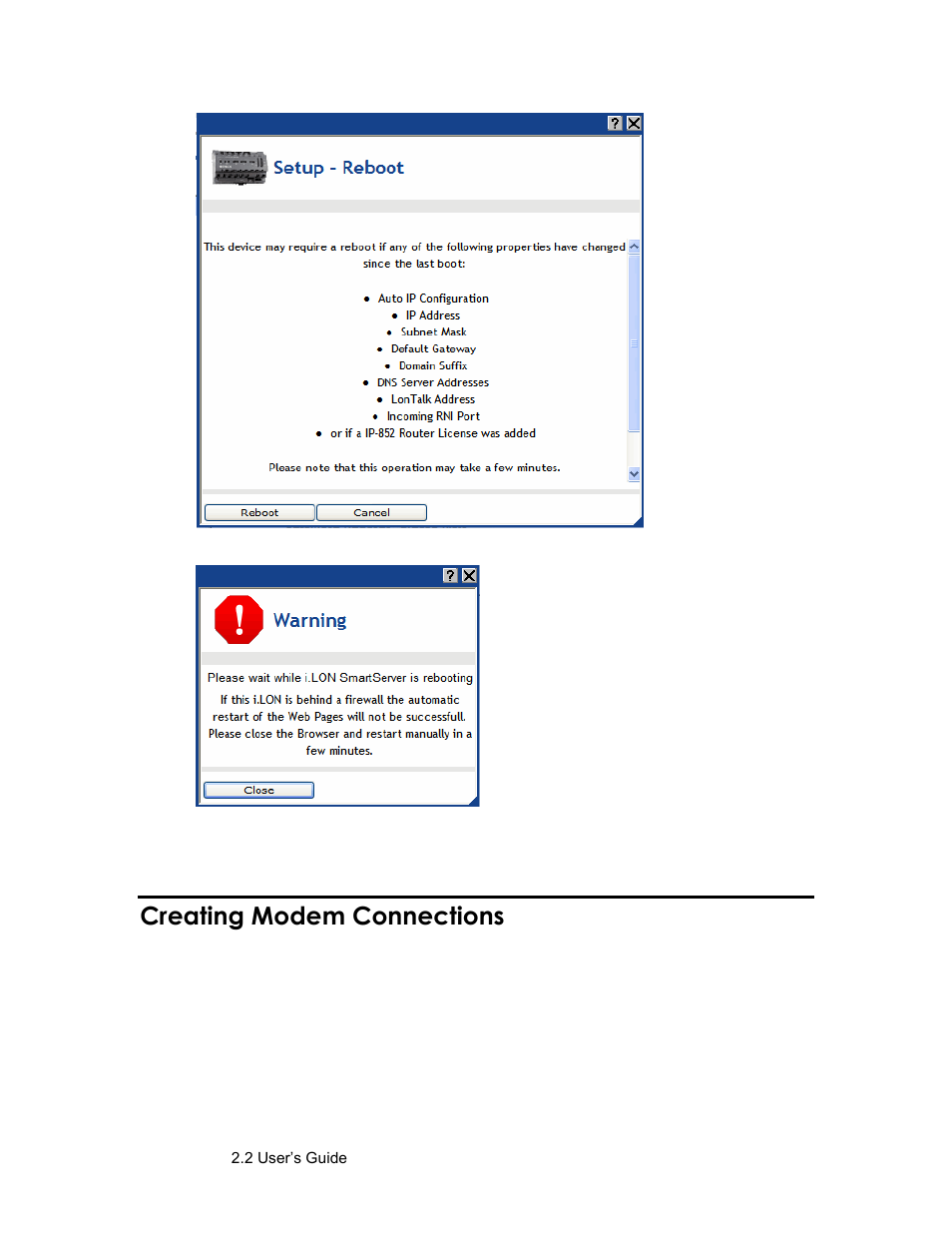 Creating modem connections, Create modem connections | Echelon SmartServer 2.2 User Manual | Page 56 / 560