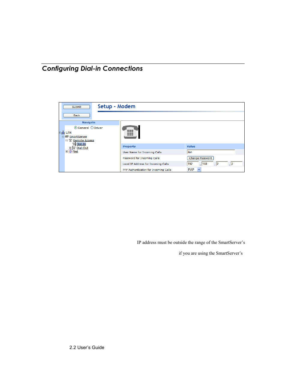 Configuring dial-in connections | Echelon SmartServer 2.2 User Manual | Page 58 / 560