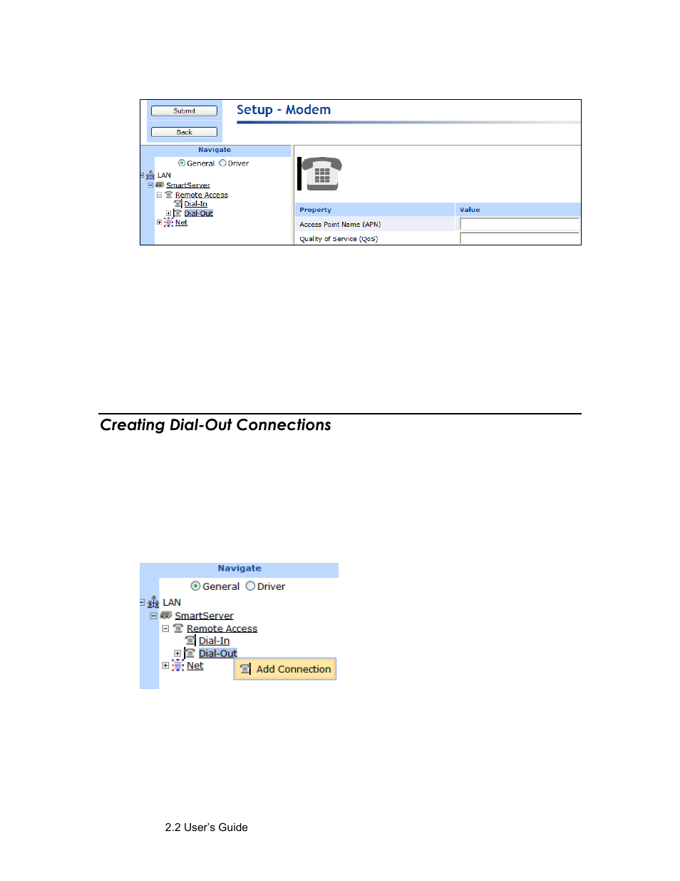 Creating dial-out connections | Echelon SmartServer 2.2 User Manual | Page 60 / 560