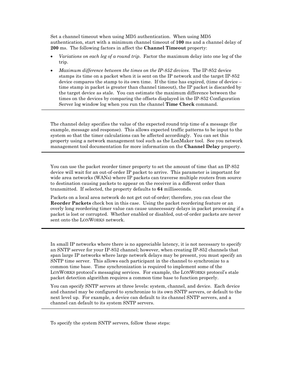 Channel delay, Packet reorder timer, Using sntp when creating ip 852 channels | Specifying system sntp servers, Using sntp when creating ip-852 channels | Echelon IP-852 Channel User Manual | Page 35 / 56