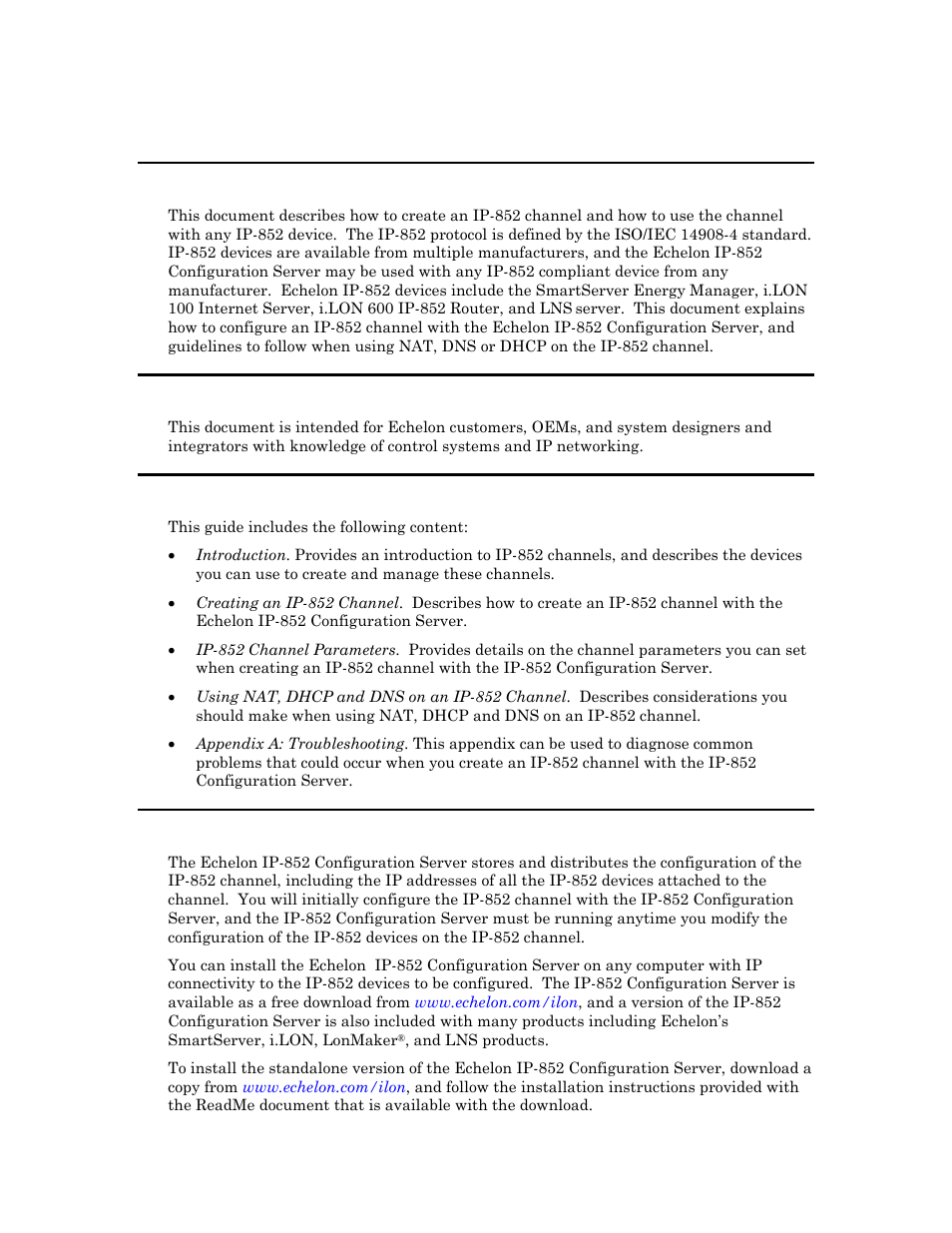 Purpose, Audience, Content | Installing the echelon ip 852 configuration server, Installing the echelon ip-852 configuration server | Echelon IP-852 Channel User Manual | Page 6 / 56