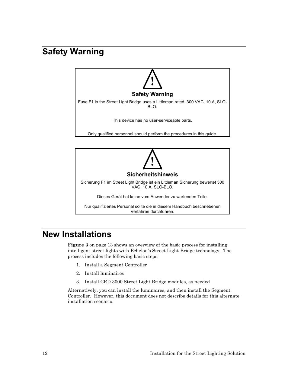 Safety warning, New installations | Echelon Lumewave CRD 3000 Street Light Bridge User Manual | Page 22 / 124