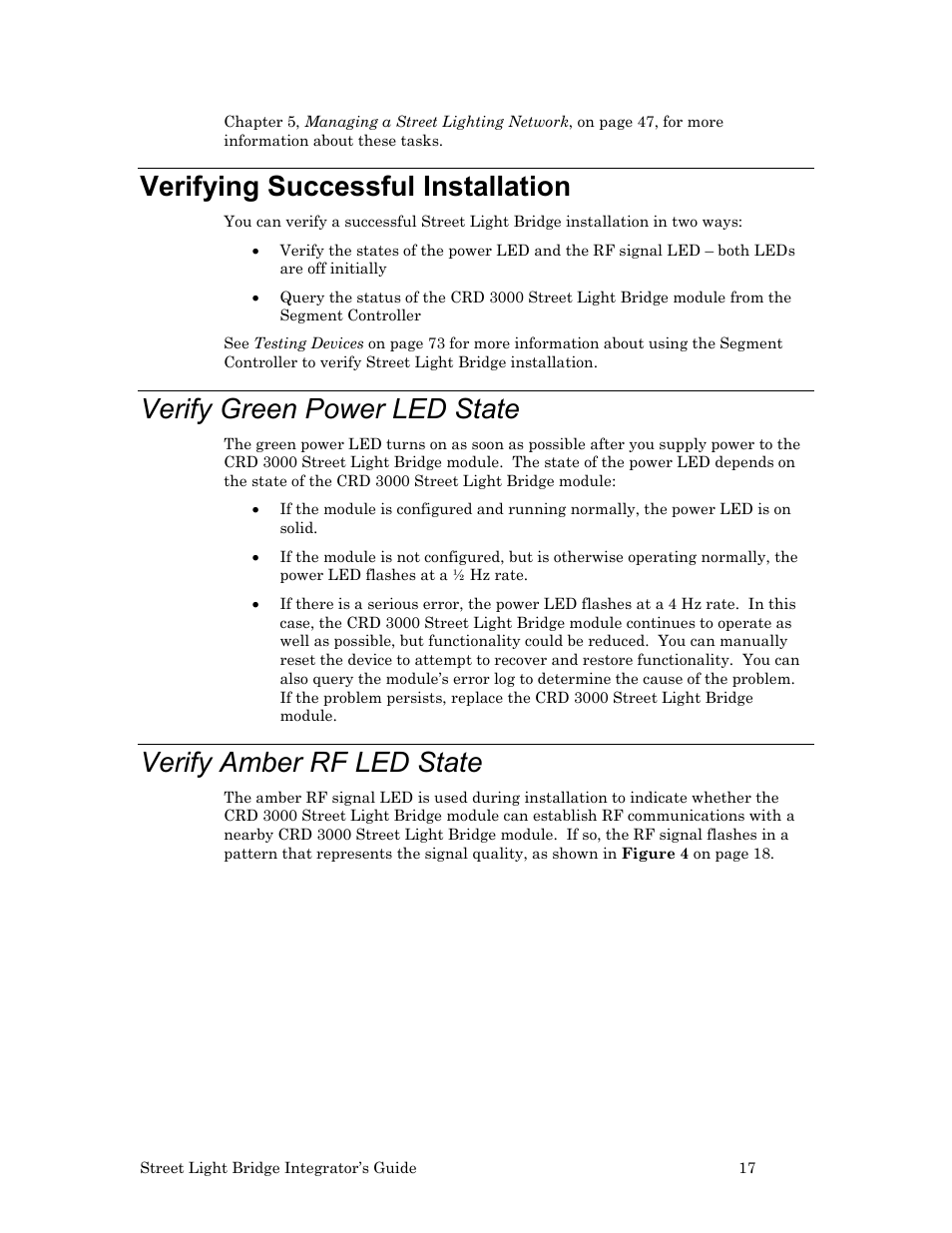 Verifying successful installation, Verify green power led state, Verify amber rf led state | Ee verifying successful, Installation | Echelon Lumewave CRD 3000 Street Light Bridge User Manual | Page 27 / 124