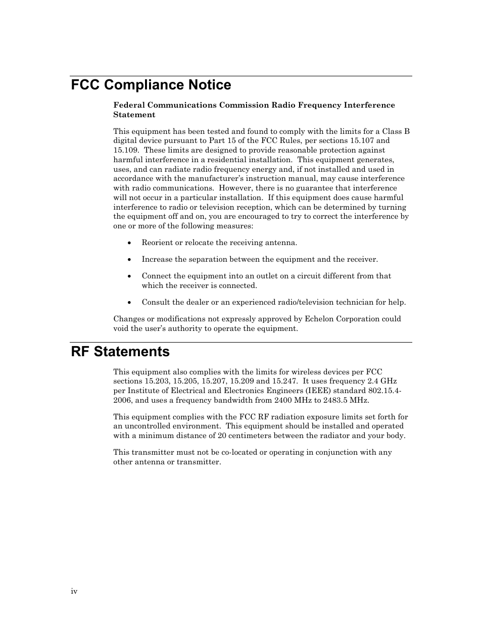 Fcc compliance notice, Rf statements | Echelon Lumewave CRD 3000 Street Light Bridge User Manual | Page 4 / 124