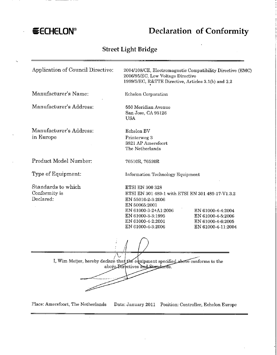 Declaration of conformity | Echelon Lumewave CRD 3000 Street Light Bridge User Manual | Page 5 / 124