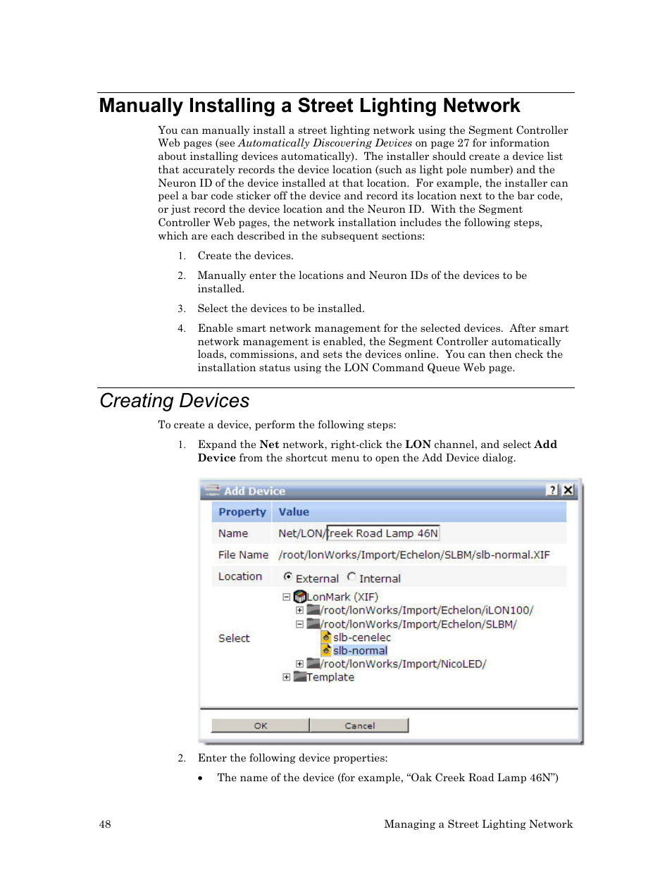 Manually installing a street lighting network, Creating devices | Echelon Lumewave CRD 3000 Street Light Bridge User Manual | Page 58 / 124