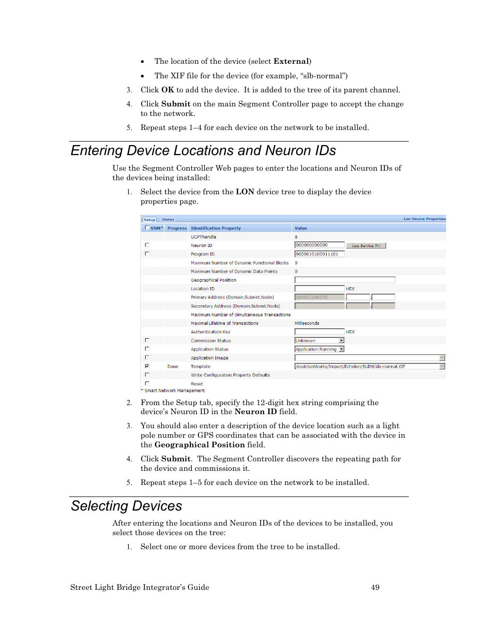 Entering device locations and neuron ids, Selecting devices | Echelon Lumewave CRD 3000 Street Light Bridge User Manual | Page 59 / 124